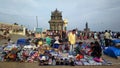 Kanyakumari, Tamil Nadu, India - January 2014: Hawkers selling clothes in the busy street market in the coastal town of