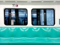 Kaohsiung, Taiwan - February 3, 2024: Kaohsiung Metro (KMRT) train interior seating area, departure station, Royalty Free Stock Photo