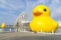 Iconic Giant Rubber Ducks afloat in Kaohsiung\'s Love River Bay