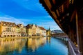 Kapellbrucke historic Chapel Bridge and waterfront landmarks in Lucern, Switzerland Royalty Free Stock Photo