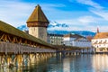 Kapellbrucke historic Chapel Bridge and waterfront landmarks in Lucern, Switzerland Royalty Free Stock Photo