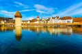 Kapellbrucke historic Chapel Bridge and waterfront landmarks in Lucern, Switzerland