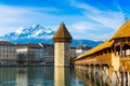 Kapellbrucke historic Chapel Bridge and waterfront landmarks in Lucern, Switzerland Royalty Free Stock Photo