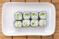 Kappa Maki classic roll with cucumber. Hosomaki thin rolls, simple rolls, small rolls, with cucumber. top view on a white plate