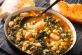 Kara lahana corbasÃÂ± savory cabbage soup with kale, beans and corn close-up in a bowl. Horizontal