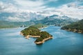 Karacaoren lake and mountains aerial view landscape in Turkey. Forest island in turquoise water scenery wild nature Royalty Free Stock Photo