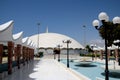 Fountain walkway to Masjid Tooba or Round Mosque with marble dome minaret and gardens Defence Karachi Pakistan