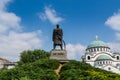 Karadjordje statue against blue sky  and church of Saint Sava, a Serbian Orthodox church located in Belgrade, Serbia Royalty Free Stock Photo