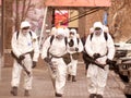 Karaganda, Kazakhstan - 3nd April, 2020 - Meticulous disinfection and decontamination on the streets as a prevention against