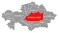 Karaganda red highlighted in map of Kazakhstan Royalty Free Stock Photo