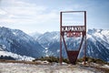 Karakol ski resort. Sign on top of the mountain height 3040 meters above sea level. Winter mountains Kyrgyzstan