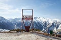 Karakol ski resort. Sign on top of the mountain height 3040 meters above sea level. Winter mountains Kyrgyzstan