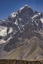 Karakoram mountain-specific landscape with yaks grazing on meadows between green mountain passes crossed by rivers and snow-capped