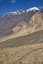 Karakoram mountain-specific landscape with yaks grazing on meadows between green mountain passes crossed by rivers and snow-capped