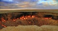 The Karakum Desert. Turkmenistan. Darvaza. Burning gas crater called Gates of Hell. Royalty Free Stock Photo