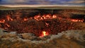 The Karakum Desert. Turkmenistan. Darvaza. Burning gas crater called Royalty Free Stock Photo