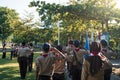 KARANGANYAR, INDONESIA - JANUARY 16 2020: Indonesian kids wearing full scout uniforms lined up neatly to carry out the ceremony. R