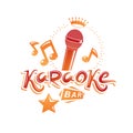 Karaoke bar lettering, conceptual emblem composed using microphone multimedia audio equipment and musical notes. Live music