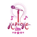 Karaoke bar lettering, conceptual emblem composed using microphone multimedia audio equipment and musical notes. Live music