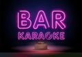 Karaoke bar neon sign. Neon sign, bright signboard, light banner. Microphone neon. Template for karaoke, live music