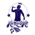 Karaoke club flyers vector cover design created using musical notes, stars and soloist singing to microphone. Emcee show