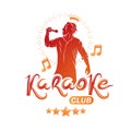 Karaoke club flyers vector cover design created using musical notes, stars and soloist singing to microphone. Emcee show
