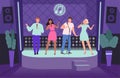 Karaoke club. Performance concert adult people group of singers on music stage vector nightclub background illustrations