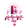 Karaoke club vector emblem created using musical notes and subwoofer discotheque amplifier, design elements for karaoke club Royalty Free Stock Photo