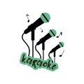 Karaoke emblem with three big, smaller and smallest green and black microphones with an inscription isolated on white