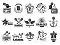 Karaoke event. Music party symbols emblems with microphone singers concept logos record studio recent vector pictures