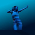 Karaoke girl. Club dancing woman. Female singer vector illustration. Neon color light. Royalty Free Stock Photo