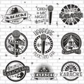 Karaoke label, emblem, badge, logo set, vector monochrome illustration.