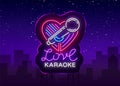 Karaoke Love logo in neon style. Neon sign, bright nightly neon advertising Karaoke. Light banner, bright night