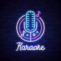 Karaoke neon night bar. Mocrophone karaoke logo sign disco music, neon light retro club sign Royalty Free Stock Photo