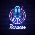 Karaoke neon night bar. Mocrophone karaoke logo sign disco music, neon light retro club sign