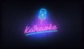 Karaoke neon sign. Neon label with microphone and Karaoke lettering