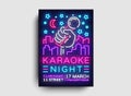 Karaoke night poster neon vector. Karaoke party design template, bright neon brochure, modern trend design, light banner