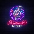 Karaoke night vector. Neon sign, luminous logo, symbol, light banner. Advertising bright night karaoke bar, party, disco