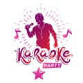 Karaoke party advertising poster composed with stage or recorder microphone vector illustration and musical notes. Superstar