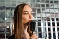 Karaoke party. Beauty girl with a microphone singing. Disco part Royalty Free Stock Photo