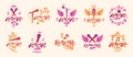 Karaoke party or club logos and emblems vector set isolated, singing music nightlife entertainment weekend theme, microphones and