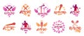 Karaoke party or club logos and emblems vector set isolated, singing music nightlife entertainment weekend theme, microphones and