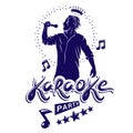 Karaoke party flyers vector cover design created using musical notes, stars and soloist singing to microphone. Emcee show