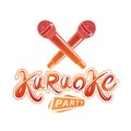 Karaoke party lettering, rap battle vector emblem created using two crossed microphones