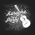 Karaoke party poster, banner on chalkboard. Retro classical acoustic guitar with sunburst vintage typography design for