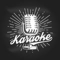 Karaoke party poster, banner on chalkboard. Retro microphone with sunburst vintage typography design for t shirt, emblem