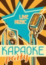 Karaoke party poster. Music event banner. Illustration with microphone and acoustics in retro style