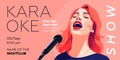 Karaoke party show banner. Music night club festival drawing art print. Woman sing song into mic. Musical event artwork Royalty Free Stock Photo