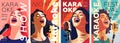 Karaoke party show poster set. Music night club festival drawing art prints. Woman sing song into mic. Musical event