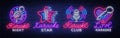 Karaoke set of neon signs. Collection is a light logo, a symbol, a light banner. Advertising bright night karaoke bar